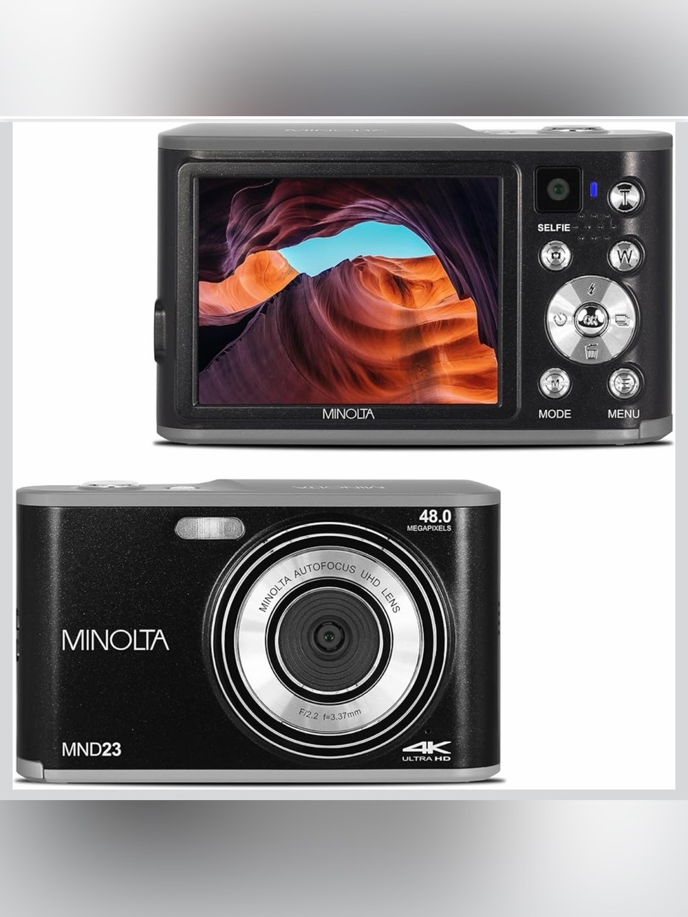 Minolta 48MP Black Compact Digital Camera with 4K UHD Video MND23